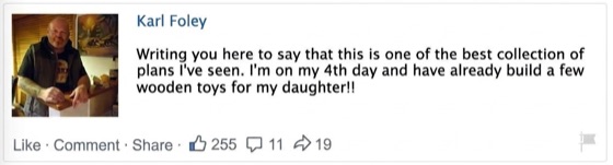 Facebook comment by Karl Foley: calls it one of the best plan collections he has seen; built wooden toys for his daughter in four days.