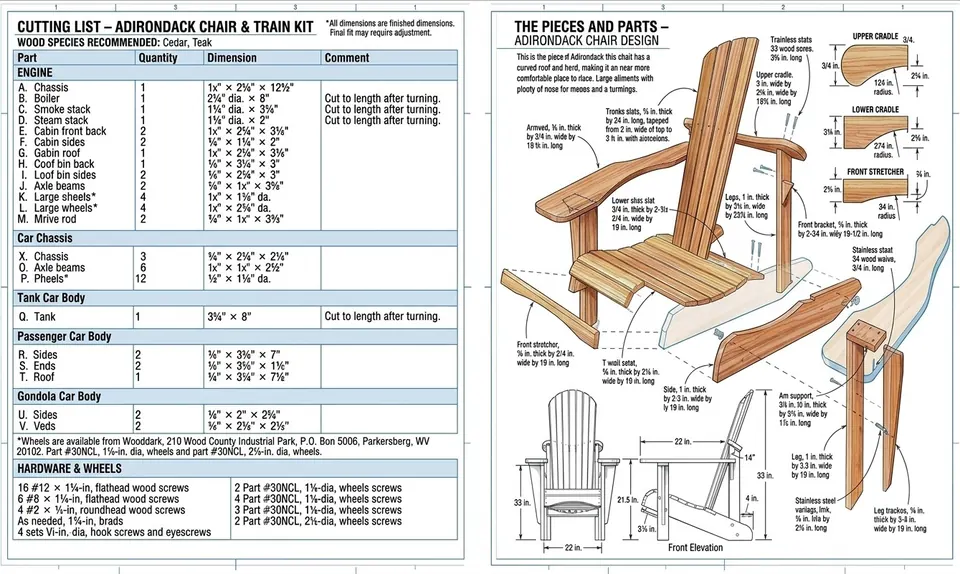 A cutting list table next to an exploded Adirondack chair diagram with every part labeled