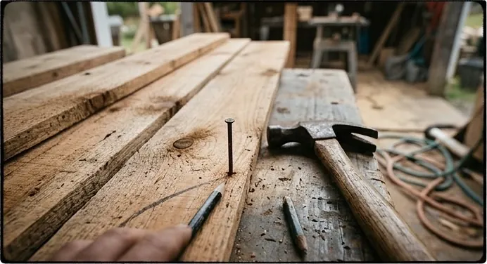 Stacked lumber on a workbench with a hammer and measuring tape