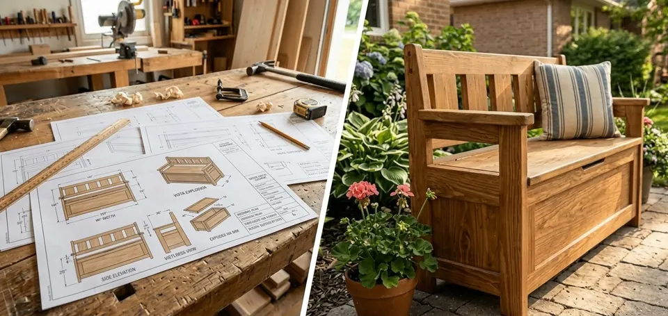 Garden storage bench plans on a workbench next to the finished bench on a patio