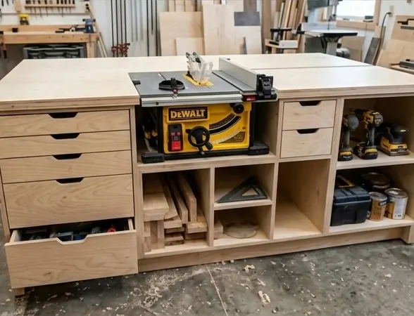 A plywood workbench with drawers and a built-in jobsite table saw