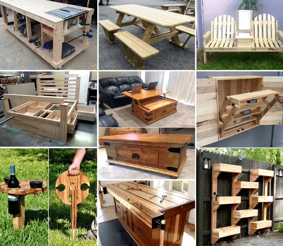A collage of recent projects: workbench, picnic table, coffee table, wall planter and wine holder
