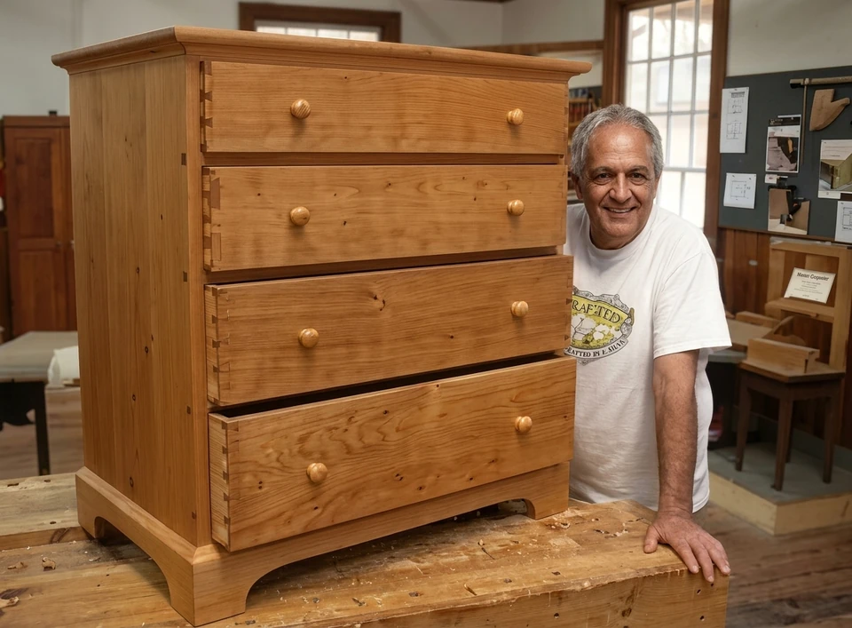 Customer smiling next to the cherry dresser he built