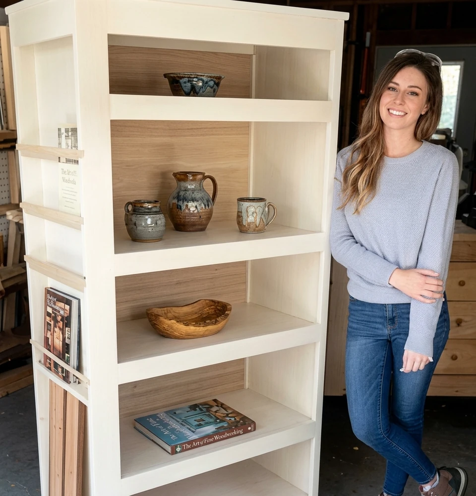 Customer standing beside a tall white bookcase she built