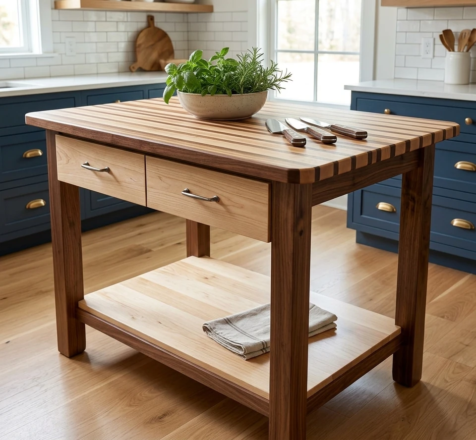 Butcher-block kitchen island with a lower shelf
