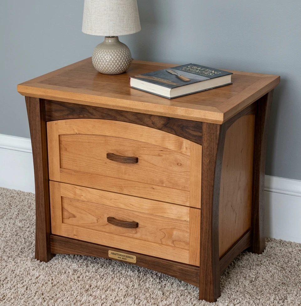 Two-drawer nightstand with a walnut frame and maple drawers