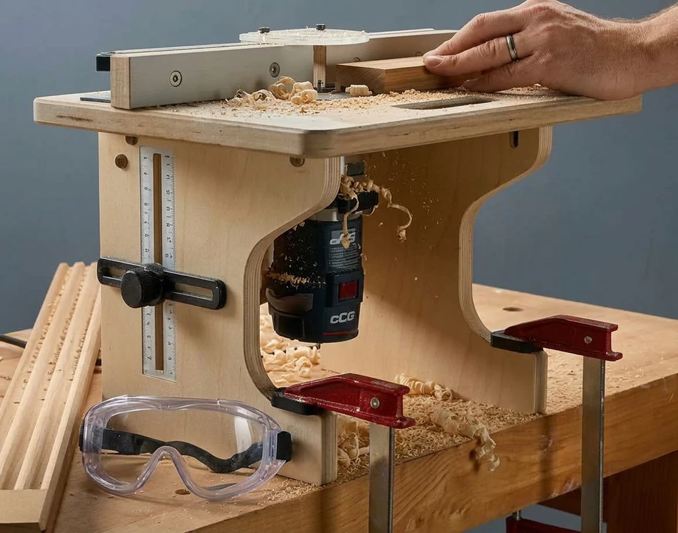 Plywood router table with a fence and clamps
