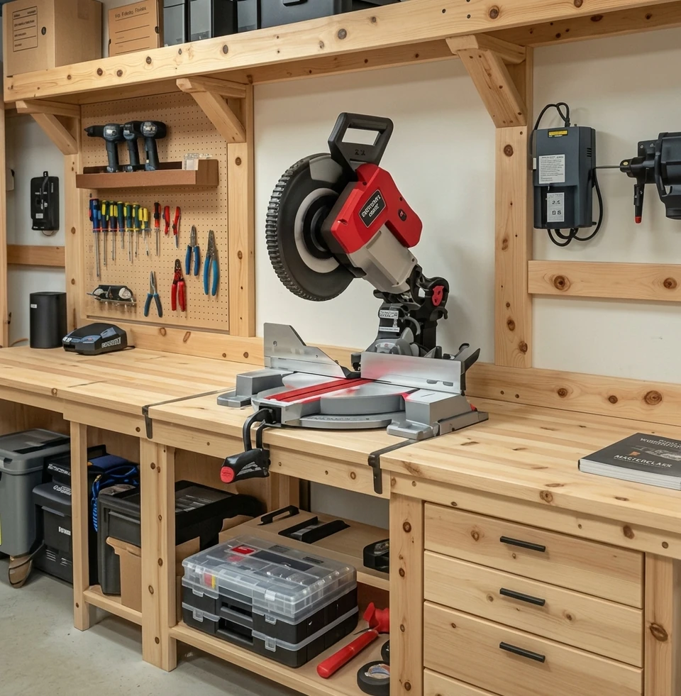 Miter saw station with drawers and a pegboard wall