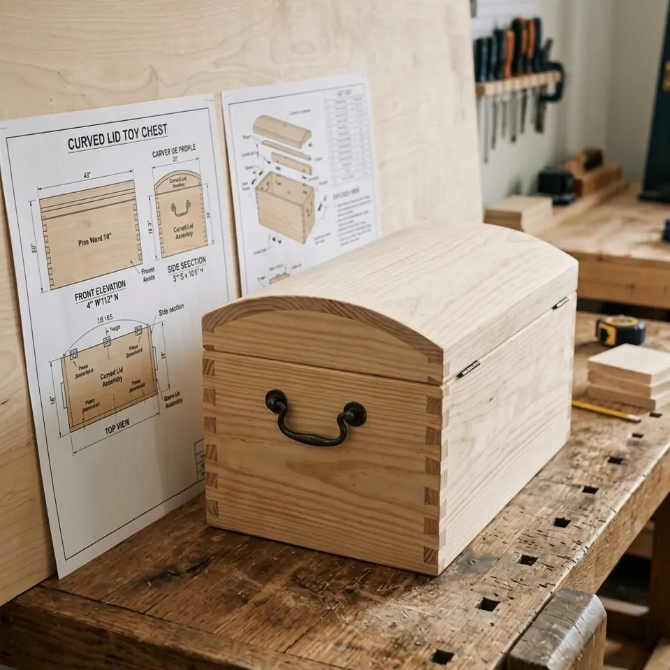 A tested plan pinned above a finished toy chest that matches it exactly