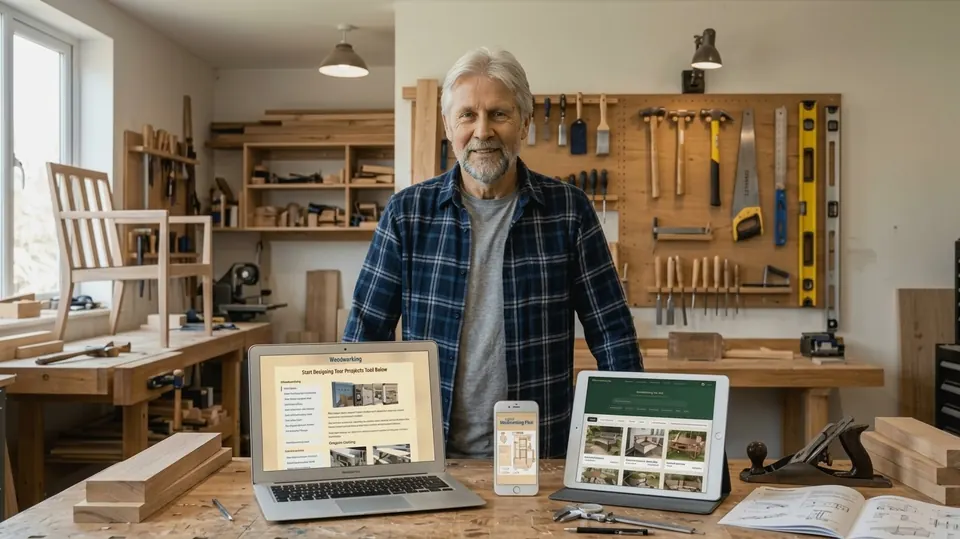 A woodworker in his shop browsing the members area on a laptop and tablet