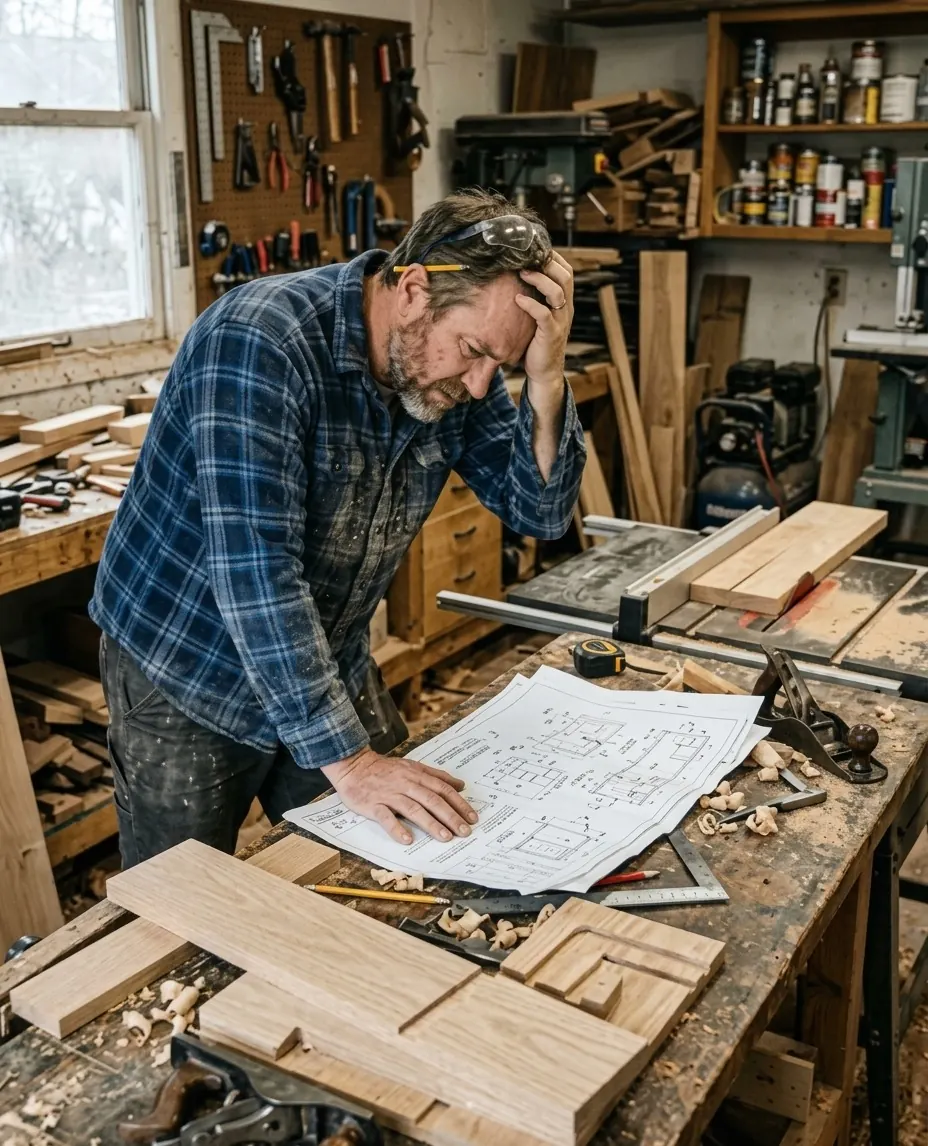 A frustrated woodworker holding his head over a confusing set of plans on his workbench