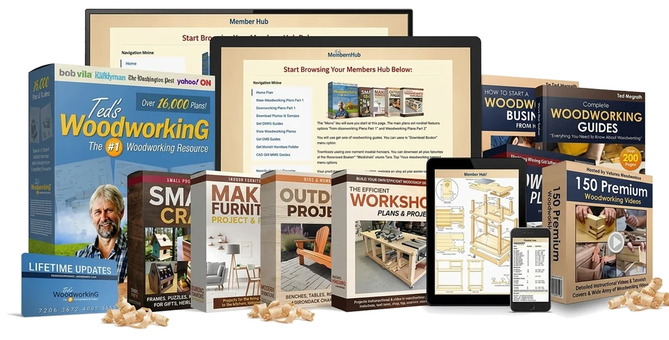 TedsWoodworking package: product box, members area on laptop and tablet, bonus guides and video course