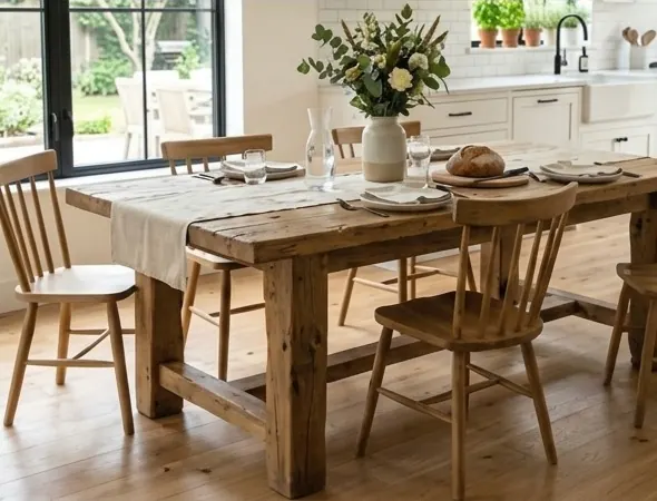 A finished solid wood table with chairs in a bright dining room