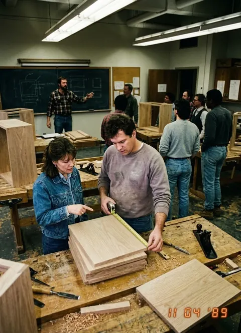 A 1989 woodworking class with students measuring white oak boards