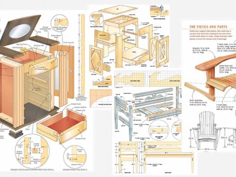 Exploded-view plan drawings of a vanity cabinet, a bench and an Adirondack chair