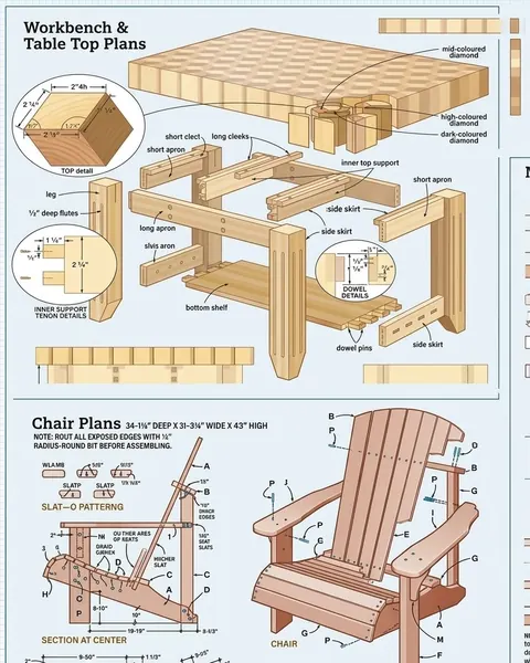 Detailed workbench and Adirondack chair plan sheets with dimensions